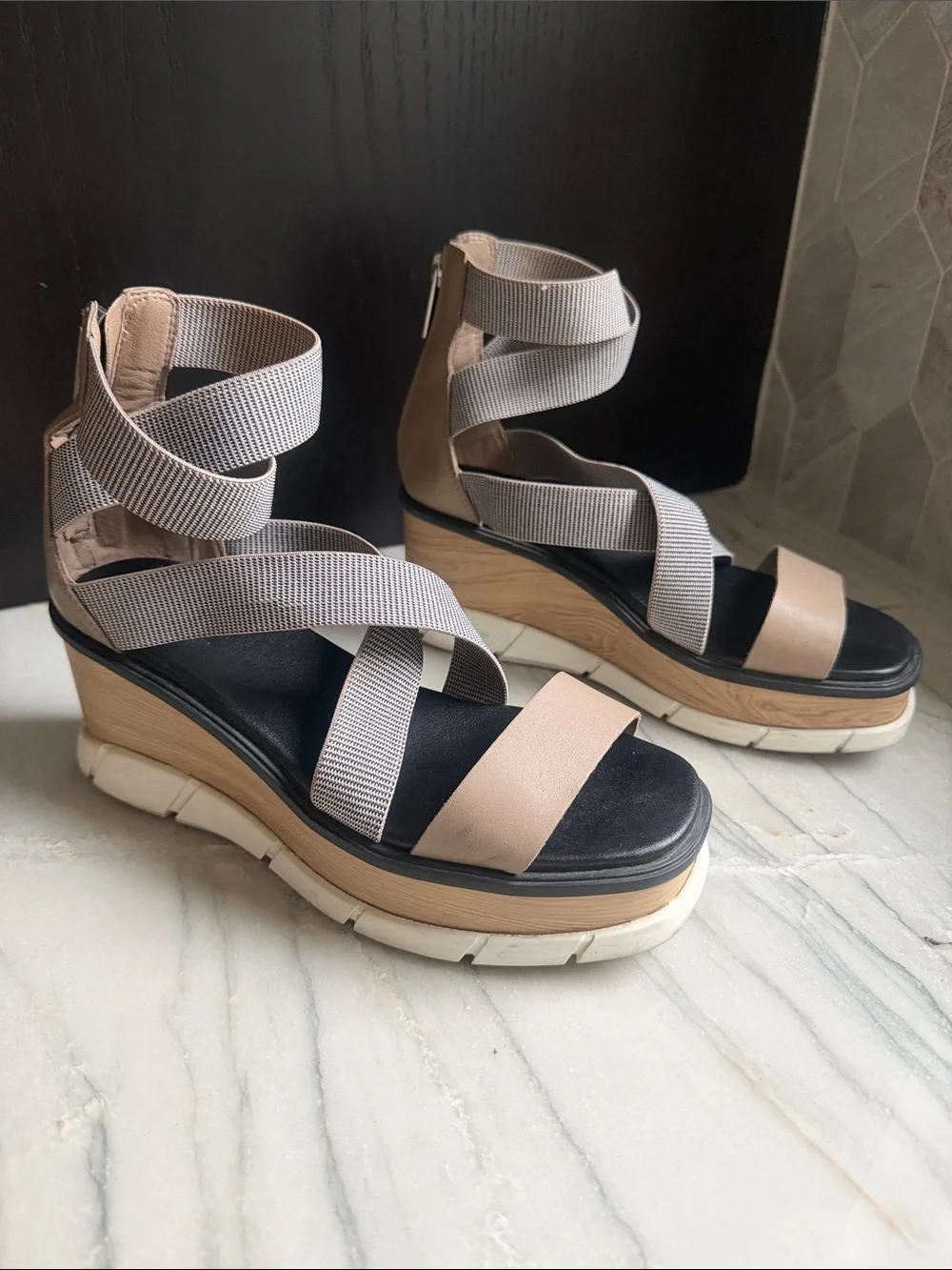 Sorel Taupe Strappy Wedge Sandals with Wood-Look Platform